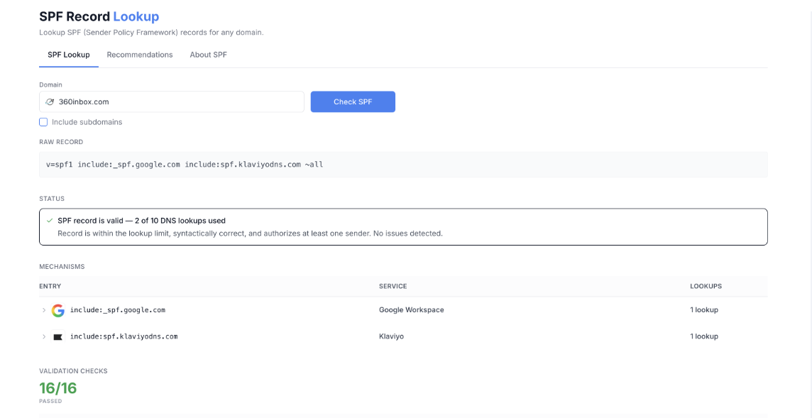 360Inbox Pro SPF Record Lookup tool showing DNS diagnostics results